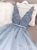 Mist Blue Deep Illusion Neck Appliqued Bridal Dresses Backless Sweep Train Wedding Dresses ARD2480-SheerGirl