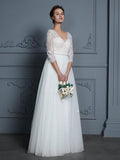 Modes 3/4 Sleeve Wedding Dresses Ivory Lace Top Beach Wedding Dresses AWD1086-SheerGirl