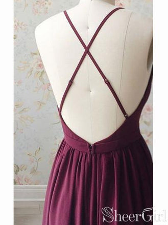 Modest Deep V-neck Prom Dresses Wine Chiffon Long Formal Gown ARD2397-SheerGirl