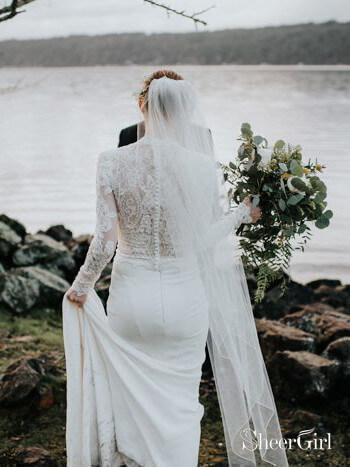 Modest Long Sleeve Lace Mermaid Wedding Dresses Rustic Bridal Gown AWD1364-SheerGirl