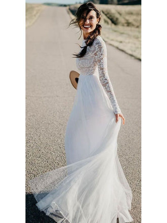 Modest Long Sleeve White Tulle & Lace Beach Wedding Dresses Cheap AWD1262-SheerGirl