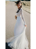 Modest Long Sleeve White Tulle & Lace Beach Wedding Dresses Cheap AWD1262-SheerGirl