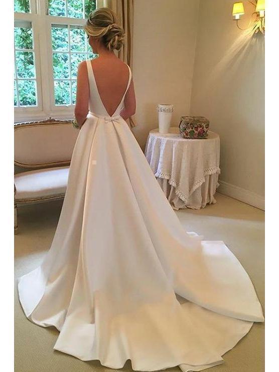 Modest Royal Wedding Dresses Backless Ball Gown Wedding Dress with Bow AWD1232-SheerGirl