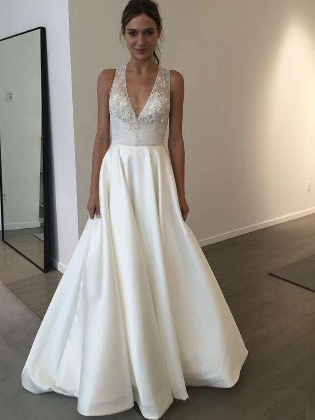 Modest V Neck Ivory Ball Gown Wedding Dresses Lace Applique Bridal Dress AWD1233-SheerGirl