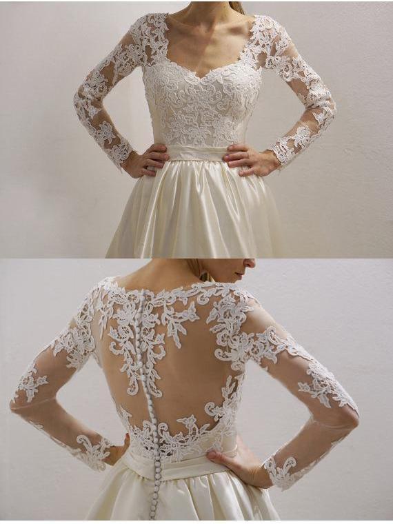Modest Wedding Dresses With Sleeves See Through Vintage Wedding Dresses AWD1042-SheerGirl