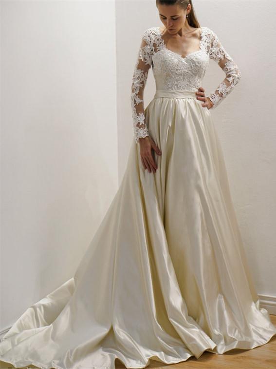 Modest Wedding Dresses With Sleeves See Through Vintage Wedding Dresses AWD1042-SheerGirl