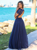 Navy Blue Chiffon Evening Dresses Cap Sleeves Long Maxi Backless Formal Dresses APD3452-SheerGirl