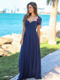 Navy Blue Chiffon Evening Dresses Cap Sleeves Long Maxi Backless Formal Dresses APD3452-SheerGirl