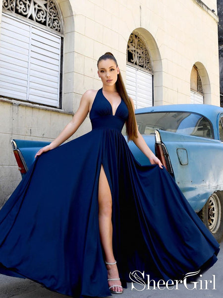 navy blue dama dresses Navy Blue Halter V Neck A Line Party Dress with High Slit Floor Length Prom Dress ARD2545