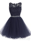 Navy Blue Illusion Neckline Crystals Appliques Short Homecoming Dress ARD2518