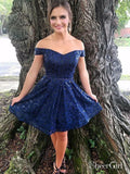 Navy Blue Lace Homecoming Dresses Off the Shoulder Beaded Hoco Dress ARD1557-SheerGirl