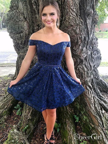 Navy Blue Lace Homecoming Dresses Off The Shoulder Beaded Hoco Dress ARD1557 Navy Blue Lace Homecoming Dresses Off The Shoulder Beaded Hoco Dress ARD1557