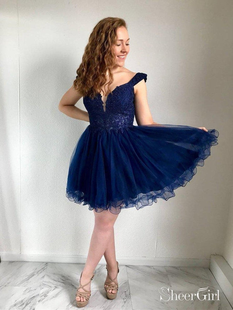 Navy Blue Lace Homecoming Dresses V Neck Cheap Short Porm Dress ARD1352-SheerGirl