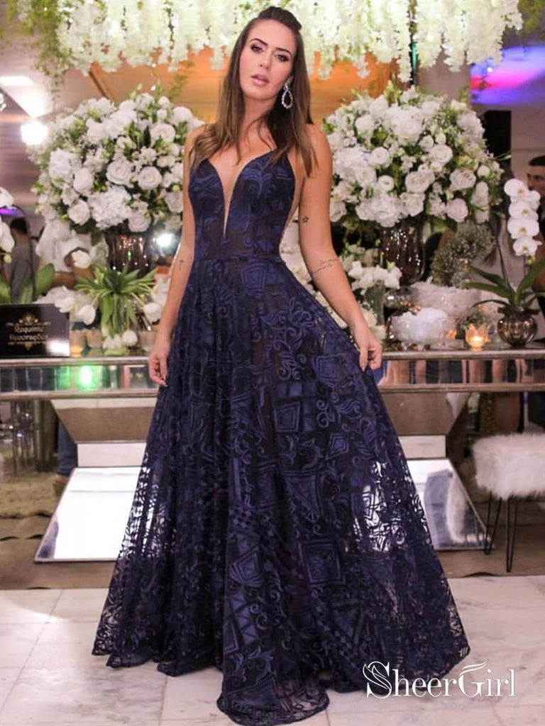 Navy Blue Lace Long Prom Dresses Spaghetti Strap V Neck Formal Dress ARD1875 Navy Blue Lace Long Prom Dresses Spaghetti Strap V Neck Formal Dress ARD1875