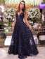 Navy Blue Lace Long Prom Dresses Spaghetti Strap V Neck Formal Dress ARD1875