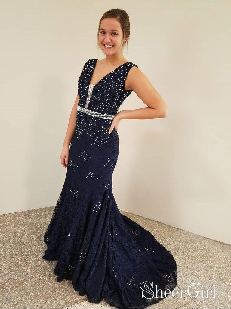 Navy Blue Lace Mermaid Prom Dresses Beaded V-Neck Formal Evning Ball Gowns APD3409-SheerGirl
