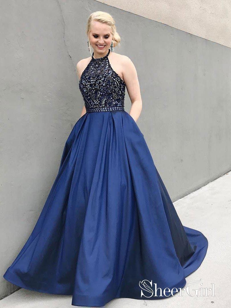 Navy Blue Satin Beaded Long Prom Dresses with Pocket APD3155 Navy Blue Satin Beaded Long Prom Dresses with Pocket APD3155