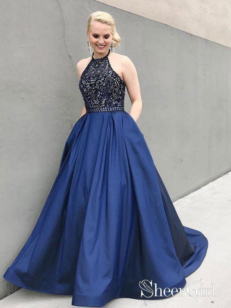 Navy Blue Satin Beaded Long Prom Dresses with Pocket APD3155-SheerGirl