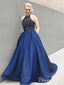 Navy Blue Satin Beaded Long Prom Dresses with Pocket APD3155
