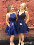 Navy Blue Satin Homecoming Dresses Short Lace Homecoming Dress with Pocket ARD1707-SheerGirl