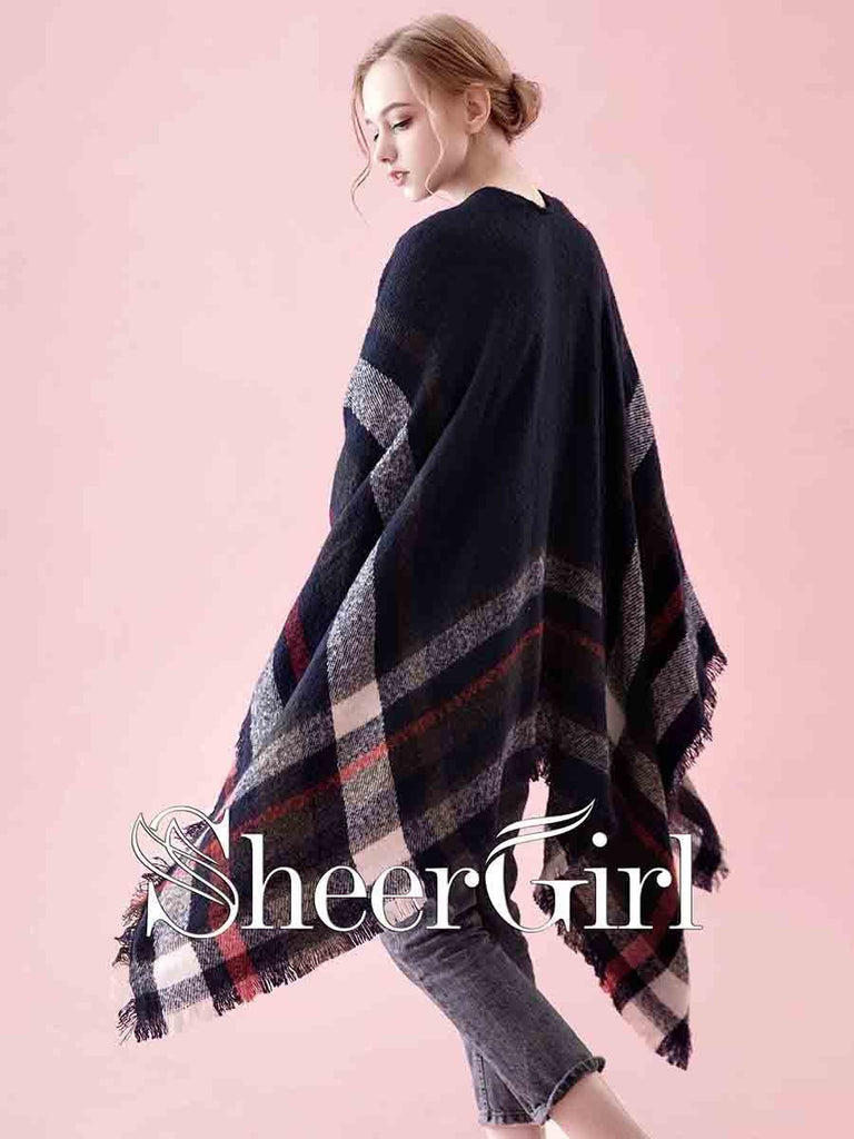 Navy Blue Wool Shwal Chic Stripe Printed Winter Wraps WJ0016-SheerGirl