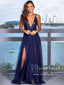 Navy Tulle Maxi Dress with Sequin Top High Slit Sparkly Long Prom Dress ARD2580