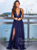 Navy Tulle Maxi Dress with Sequin Top High Slit Sparkly Long Prom Dress ARD2580-SheerGirl