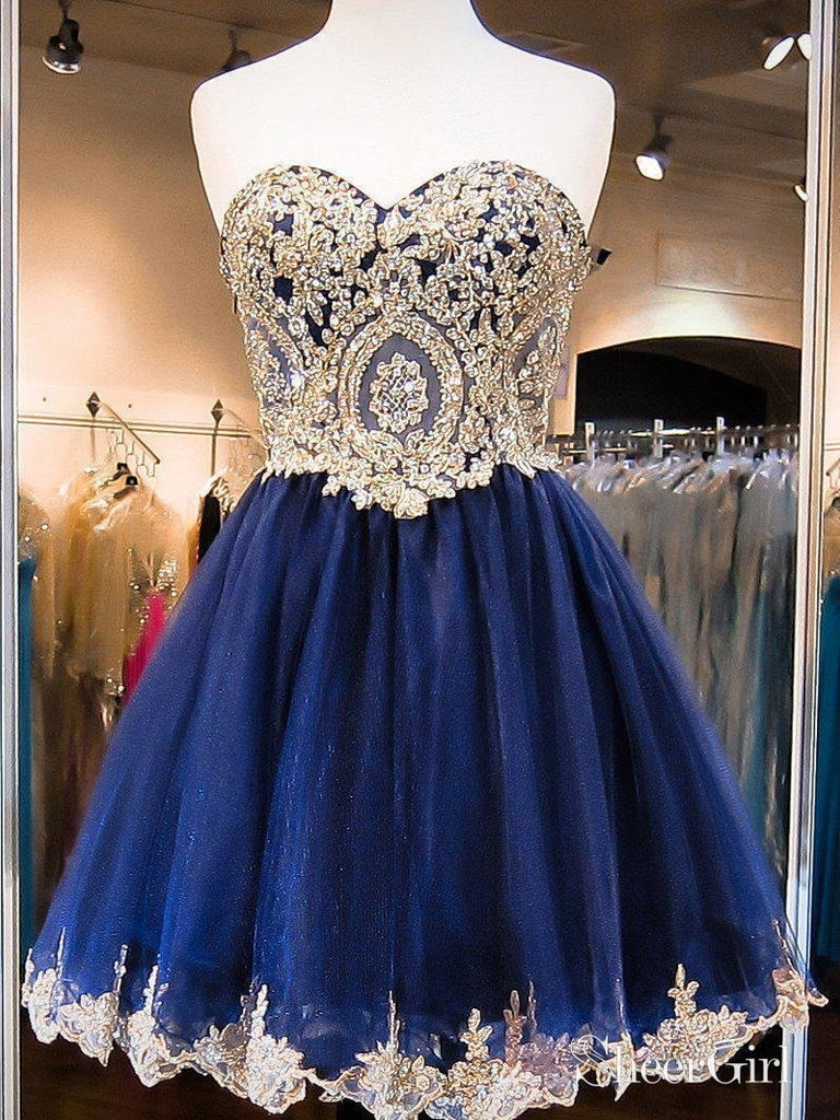 Navy Tulle with Gold Lace Appliqued Sweetheart Neck Homecoming Dresses,apd1598 Navy Tulle with Gold Lace Appliqued Sweetheart Neck Homecoming Dresses,apd1598