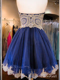 Navy Tulle with Gold Lace Appliqued Sweetheart Neck Homecoming Dresses,apd1598-SheerGirl