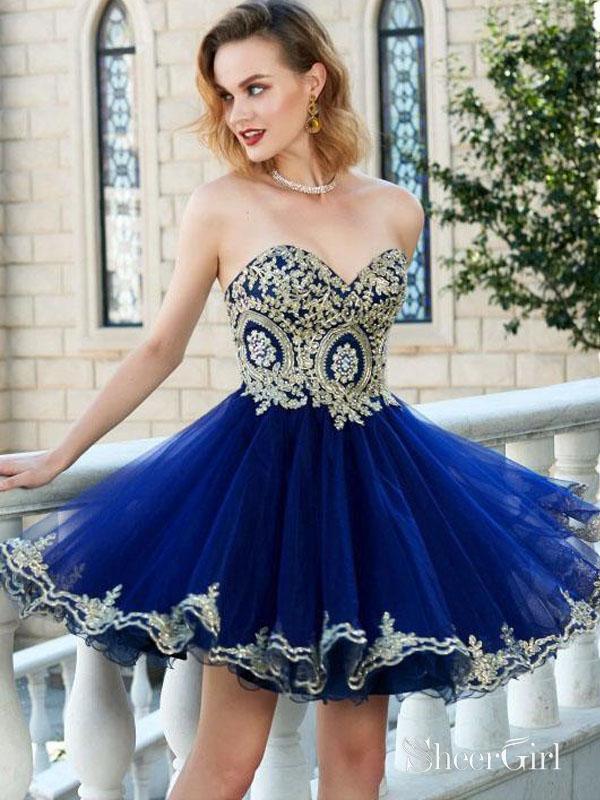 Navy Tulle with Gold Lace Appliqued Sweetheart Neck Homecoming Dresses,apd1598