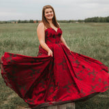 New Burgundy Jacquard Floral Long Prom Dresses with Pockets ARD2012-SheerGirl
