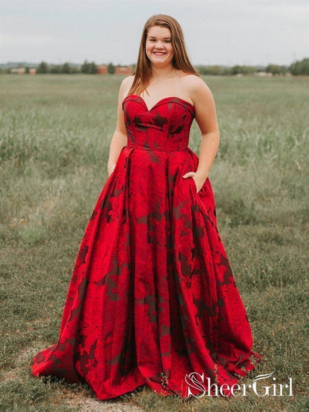 New Burgundy Jacquard Floral Long Prom Dresses with Pockets ARD2012