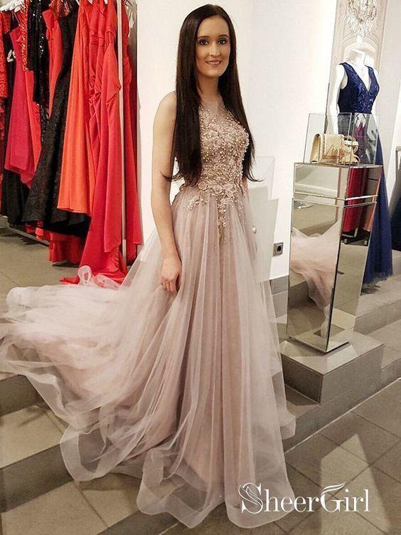 Nude Organza Prom Dresses Long Lace Applique Beaded Evening Gowns ARD1452-SheerGirl