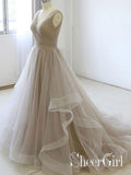 Nude Tulle Simple V Neck Long Prom Dresses with Pleats Skirt ARD2476-SheerGirl