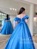 Ocean Blue Puff Sleeves Off the Shoulder Simple Prom Dresses with Pearls Sash ARD2874-SheerGirl