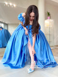 Ocean Blue Puff Sleeves Off the Shoulder Simple Prom Dresses with Pearls Sash ARD2874-SheerGirl