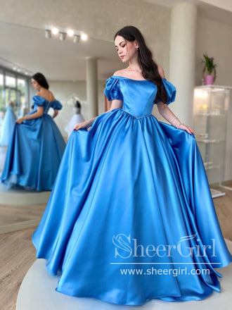 Ocean Blue Puff Sleeves Off the Shoulder Simple Prom Dresses with Pearls Sash ARD2874-SheerGirl