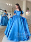 Ocean Blue Puff Sleeves Off the Shoulder Simple Prom Dresses with Pearls Sash ARD2874