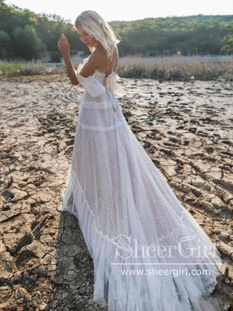 Off Shoulder Bohemian Lace Wedding Gowns Ivory Tulle V Neck Boho Wedding Dresses AWD1889-SheerGirl