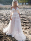 Off Shoulder Bohemian Lace Wedding Gowns Ivory Tulle V Neck Boho Wedding Dresses AWD1889