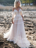 Off Shoulder Bohemian Lace Wedding Gowns Ivory Tulle V Neck Boho Wedding Dresses AWD1889-SheerGirl