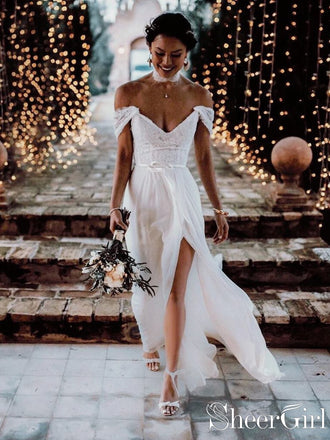 Sexy See Through Beach Wedding Dresses with Slit Ivory Lace Summer Wedding  Dresses – SheerGirl