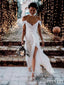 Off Shoulder Ivory Lace High Slit Backless Chiffon Wedding Dress AWD1659