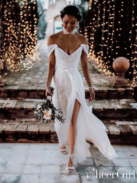 Off Shoulder Ivory Lace High Slit Backless Chiffon Wedding