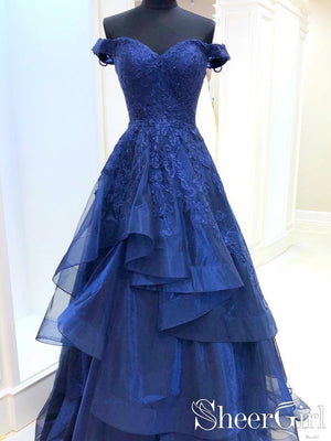 Off Shoulder Royal Blue Party Dress Sweet Heart Neckline Appliqued Bodice Texture Skirt Prom Dress ARD2523-SheerGirl