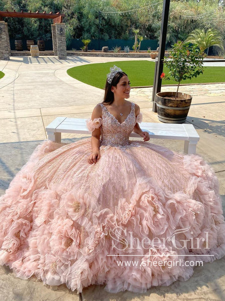 blush off the shoulder quince dress Off Shoulder V Neckline Flower Quinceanera Dresses Sparkly Prom Dresse –  SheerGirl