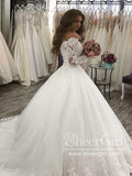 Off-The-Shoulder Long Sleeves Lace Ball Gown Wedding Dress with Sweep Train AWD1830-SheerGirl