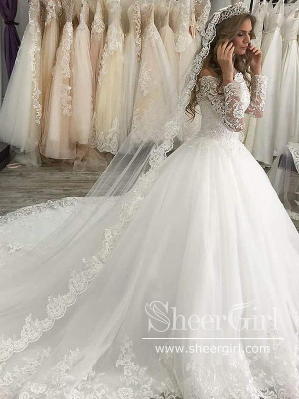 Off-The-Shoulder Long Sleeves Lace Ball Gown Wedding Dress with Sweep Train  AWD1830