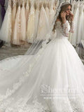 Off-The-Shoulder Long Sleeves Lace Ball Gown Wedding Dress with Sweep Train AWD1830-SheerGirl