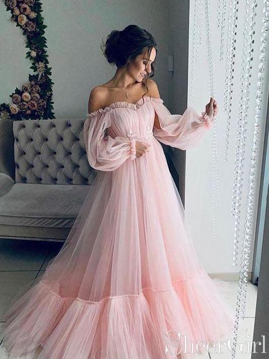 Off The Shoulder Puff Sleeve Prom Dress Tulle Long Evening Dresses ARD2404-SheerGirl